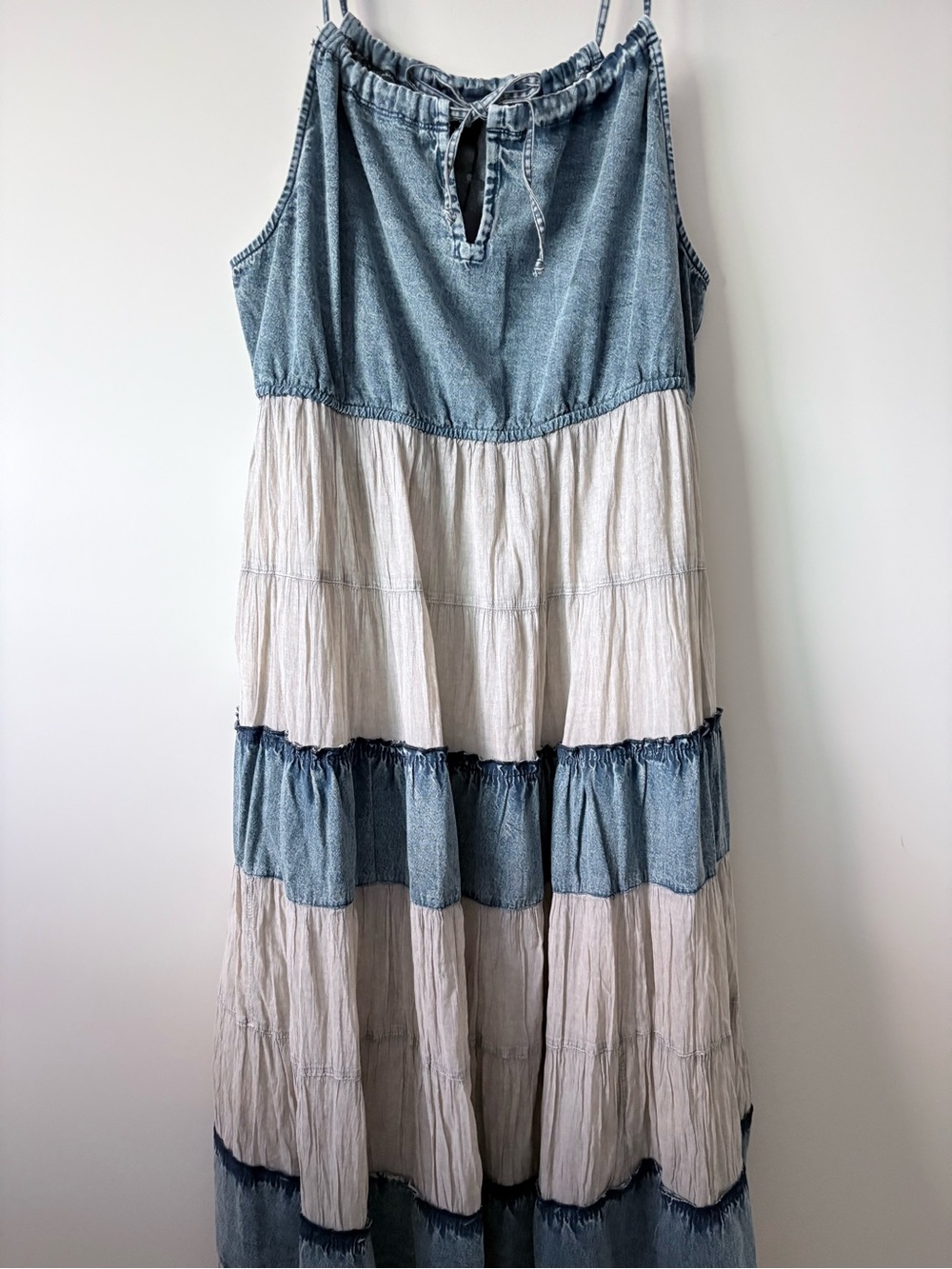 Tiered Blue and Cream Maxi Dress with Adjustable Tie Neck & Pockets!